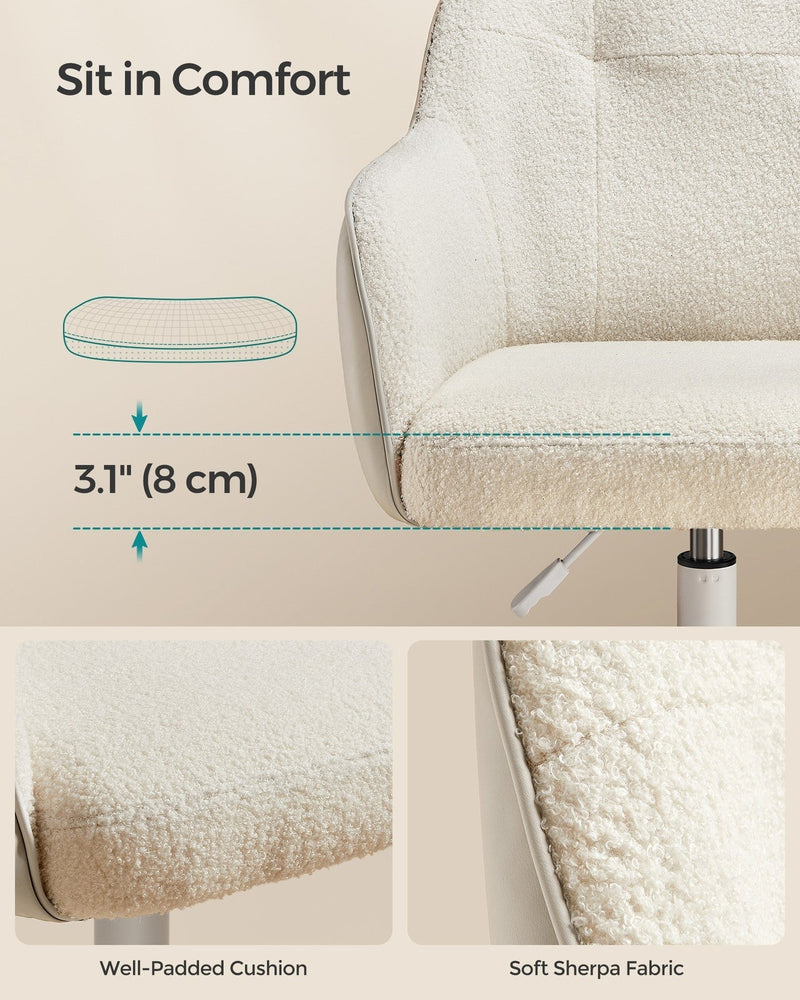 Diagram showing the 8 cm seat cushion thickness with close-ups of the padded cushion and sherpa fabric