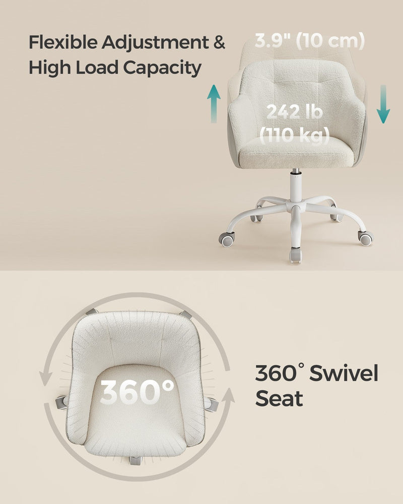 Diagram showing the chair's 110 kg load capacity, 10 cm seat cushion and 360 degree swivel seat