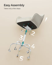 Exploded assembly diagram showing the 5 steps to build the chair