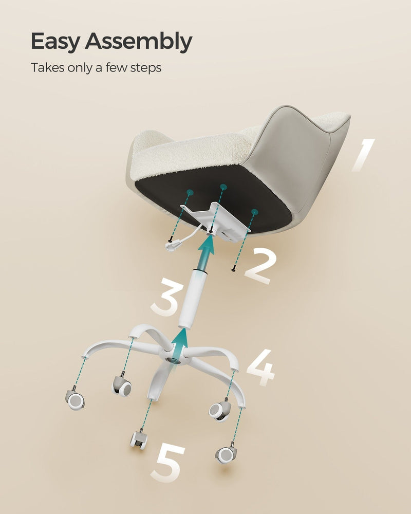 Exploded assembly diagram showing the 5 steps to build the chair