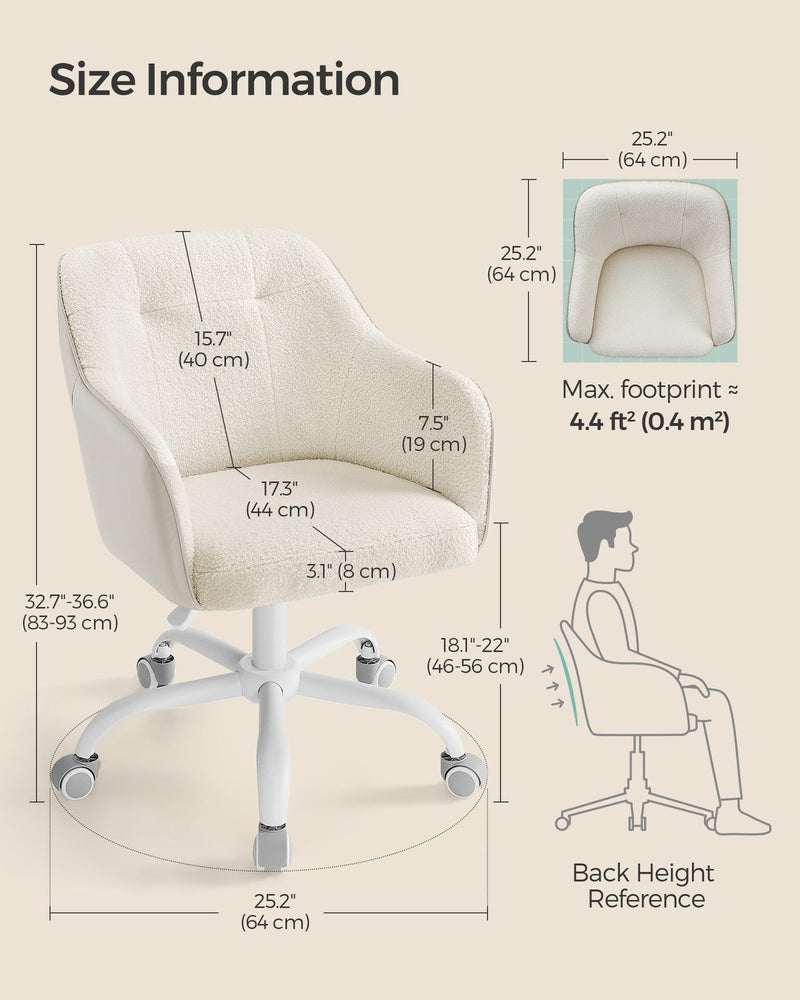 Size information diagram giving the chair's full width, depth, height and seat measurements