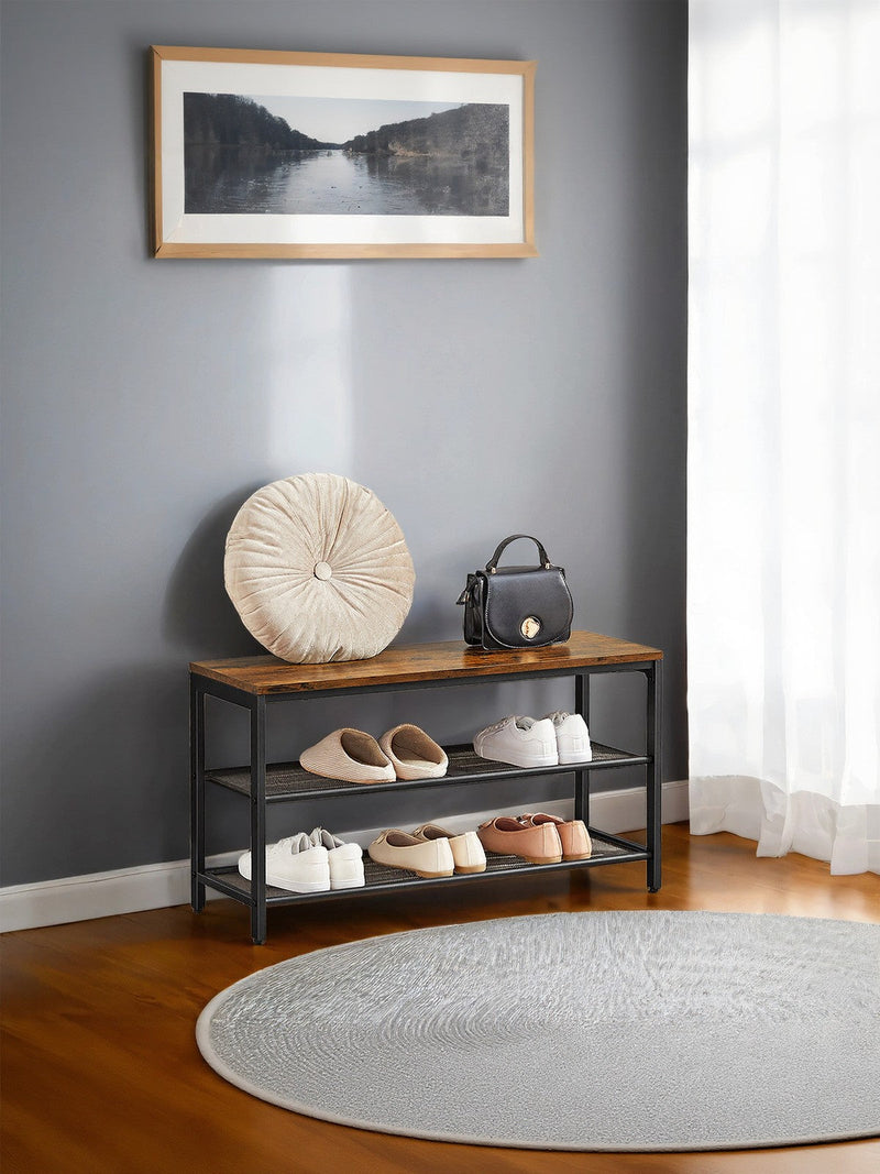 Vasagle shoe bench with cushioned seat and mesh shelves - studio photo