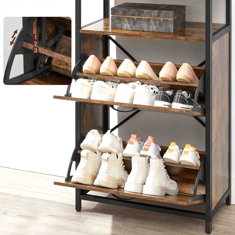Close up of shoes stored in two rows behind the open flip doors