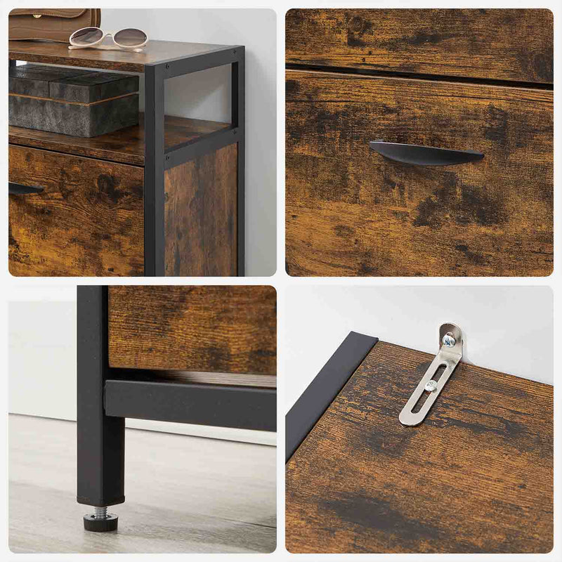 Detail panels showing the open top shelf, door handle, floor clearance and anti-tip bracket