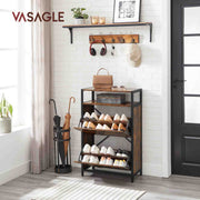 Rustic brown Vasagle shoe cabinet in a white brick hallway with both flip doors open
