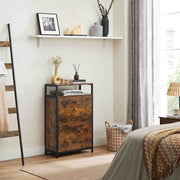 Rustic brown shoe cabinet in a bedroom beside a ladder shelf with items on top