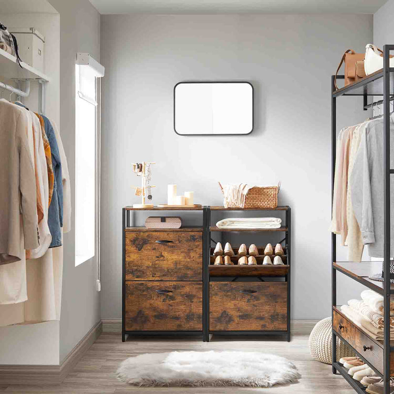 Two rustic brown shoe cabinets in a dressing area with shoes behind the open doors