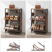 Two views of the cabinet loaded with shoes, plus diagrams of how flat shoes and heels sit