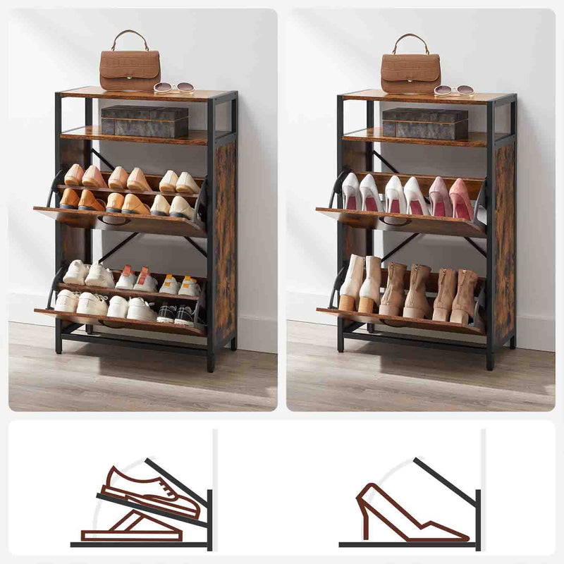Two views of the cabinet loaded with shoes, plus diagrams of how flat shoes and heels sit