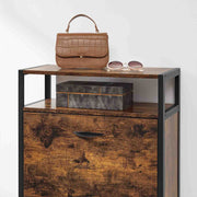 Close up of the open top shelf holding a handbag, sunglasses and a storage box
