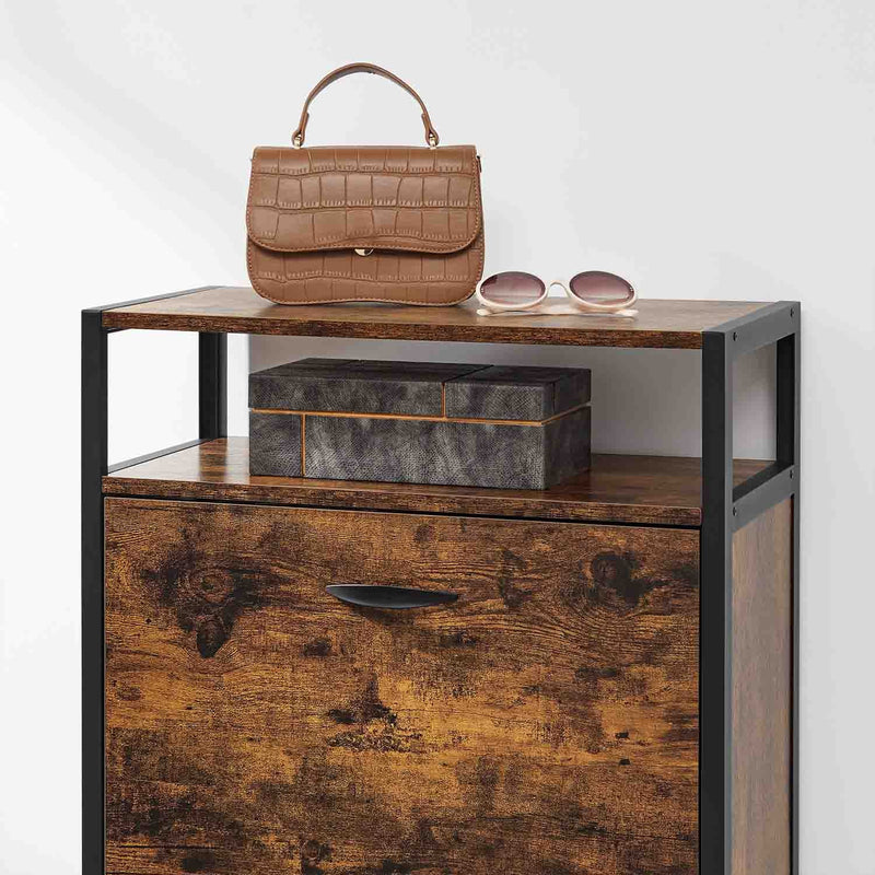 Close up of the open top shelf holding a handbag, sunglasses and a storage box