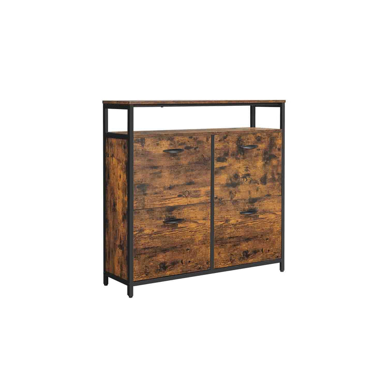 Vasagle shoe cabinet with 4 flip doors in rustic brown and black on a white background