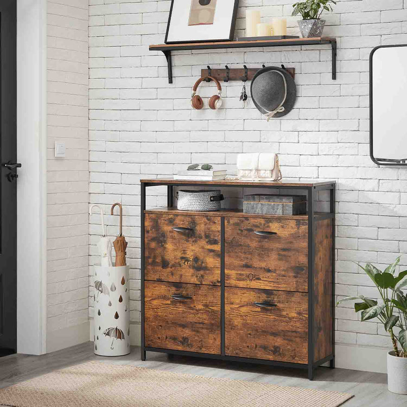 Wide rustic brown shoe cabinet in a white brick hallway beside an umbrella stand