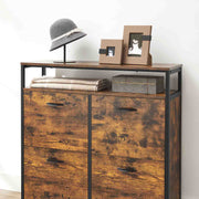 Close up of the top shelf holding a hat, picture frames and folded towels