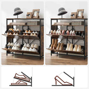 Two views of the cabinet with shoes in the open compartments and shoe fitting diagrams