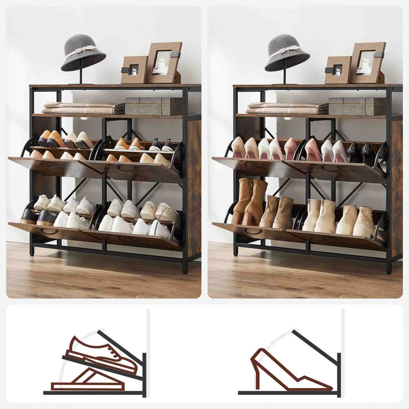 Two views of the cabinet with shoes in the open compartments and shoe fitting diagrams