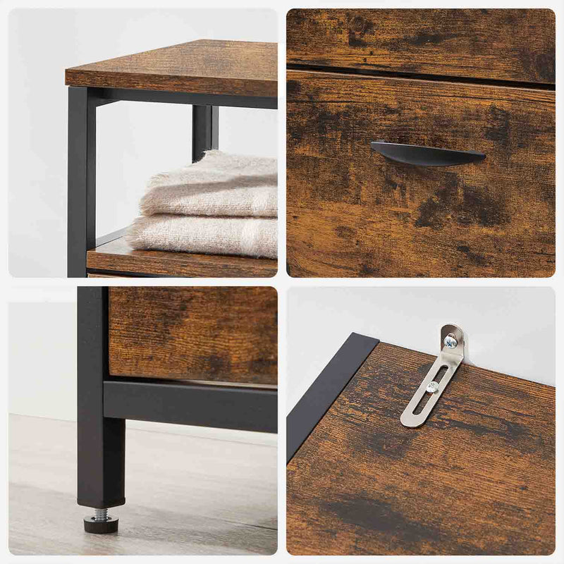 Detail panels showing the open top shelf, door handle, base clearance and anti-tip bracket