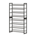 Black 8-tier steel shoe rack shown empty at an angle against a white background