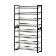Black 8-tier steel shoe rack shown empty at an angle against a white background