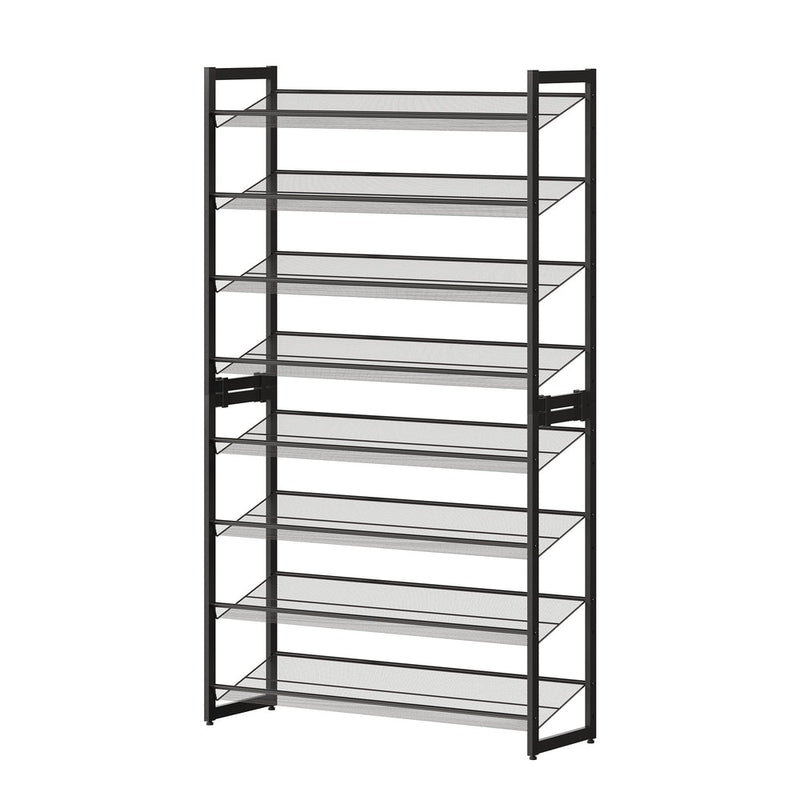 Black 8-tier steel shoe rack shown empty at an angle against a white background