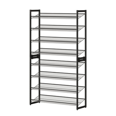 Black 8-tier steel shoe rack shown empty at an angle against a white background