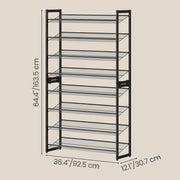 Dimensions diagram of the 8-tier shoe rack: 163.5 cm high, 92.5 cm wide, 30.7 cm deep