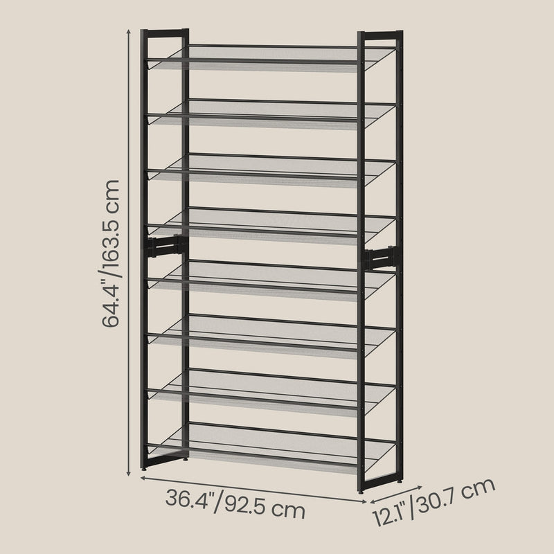 Dimensions diagram of the 8-tier shoe rack: 163.5 cm high, 92.5 cm wide, 30.7 cm deep