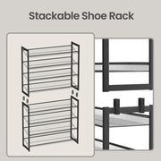 Stackable design graphic showing the unit separated into two 4-tier racks with connector clips