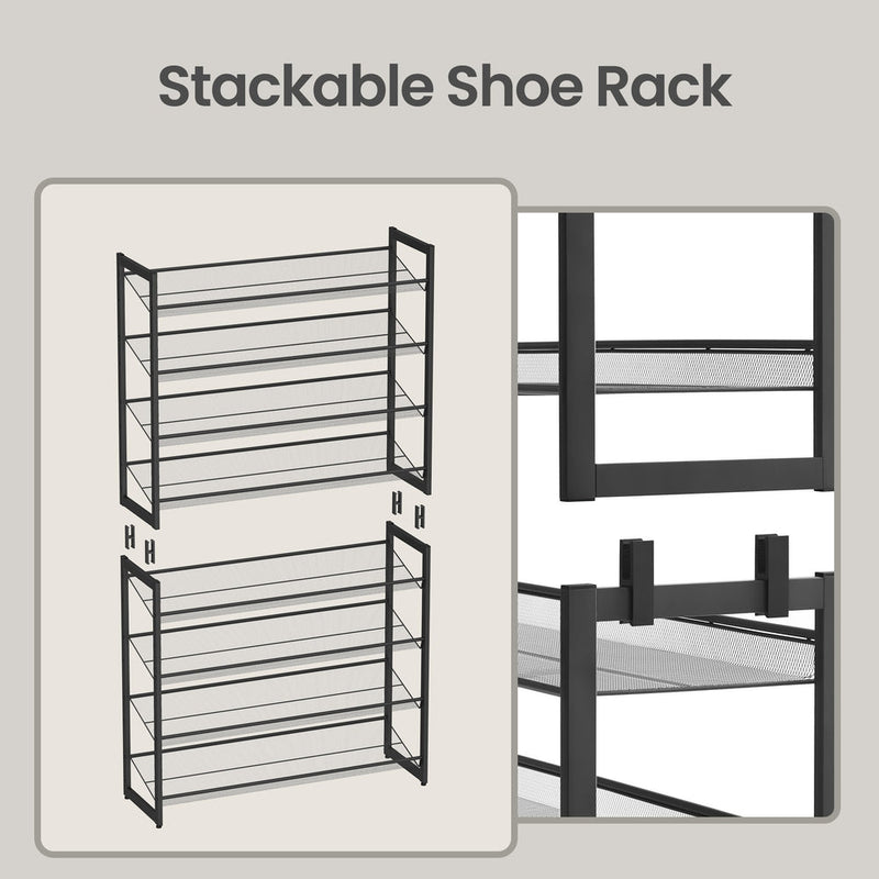 Stackable design graphic showing the unit separated into two 4-tier racks with connector clips