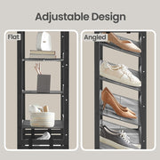 Side-by-side close-up comparing a flat shelf setup with an angled shelf setup for shoes