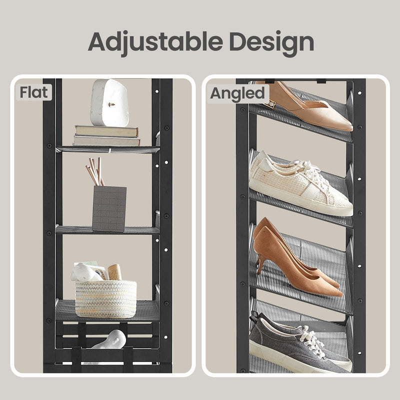 Side-by-side close-up comparing a flat shelf setup with an angled shelf setup for shoes