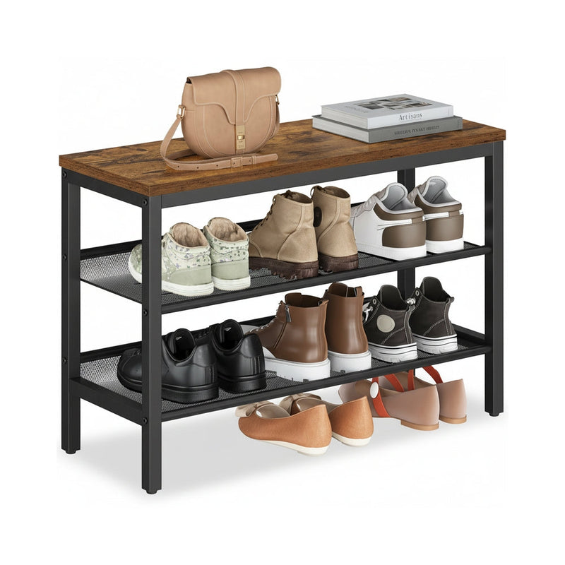 Rustic brown and matte black 3-tier shoe rack bench holding shoes, a bag and books