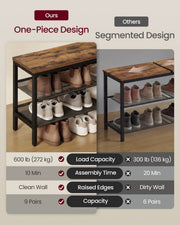 Comparison panel showing one-piece shelves, 272 kg load capacity and space for 9 pairs