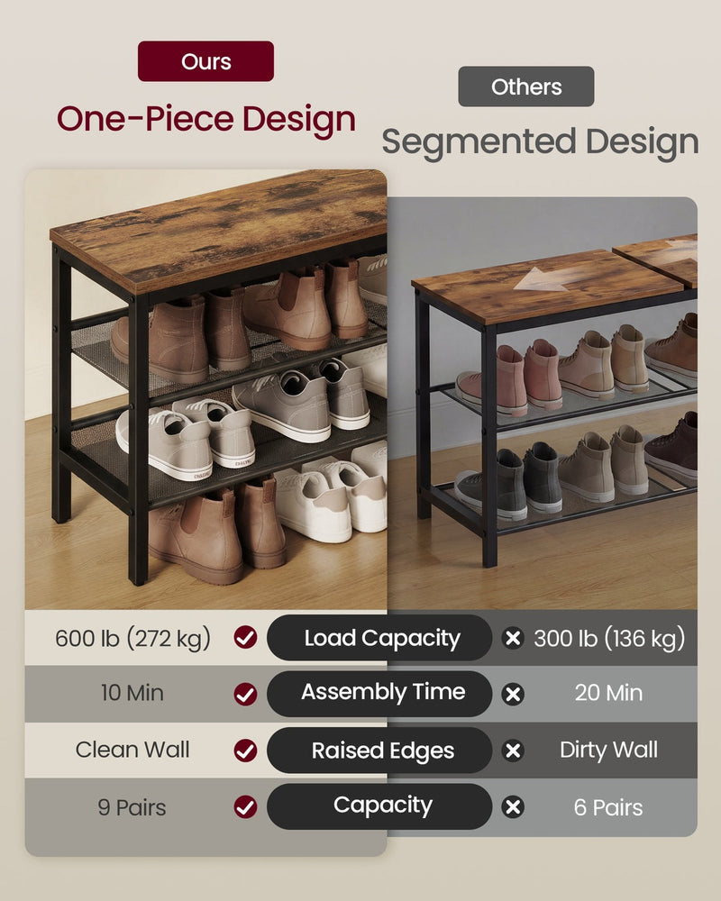 Comparison panel showing one-piece shelves, 272 kg load capacity and space for 9 pairs