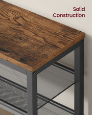 Close-up of the wood-effect top and the black metal frame with mesh shelf