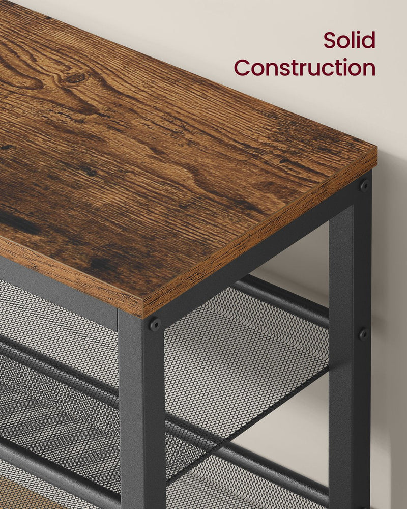 Close-up of the wood-effect top and the black metal frame with mesh shelf