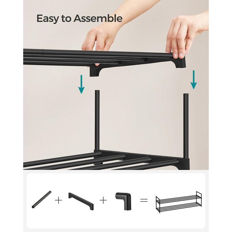 Assembly diagram showing how the Songmics shoe shelf's tube and connector pieces fit together