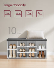 Capacity panel showing the white bench filled with 10 pairs of shoes and boots