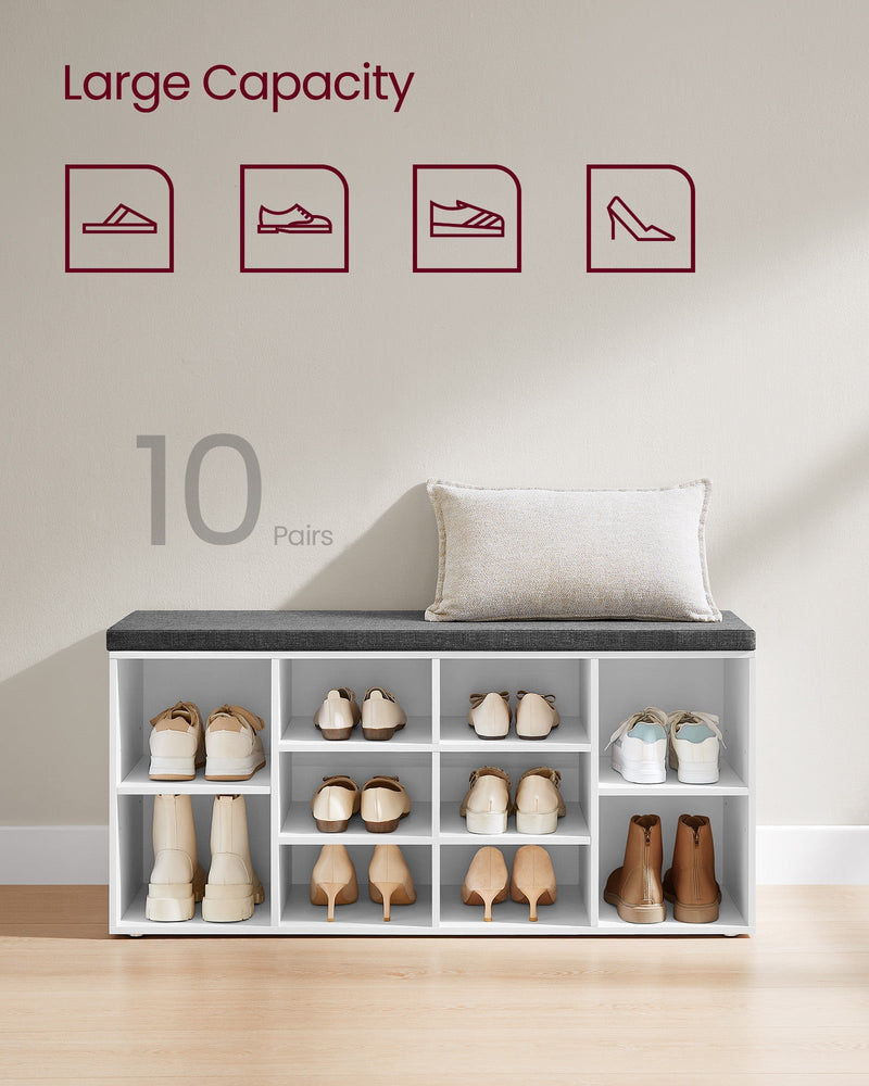 Capacity panel showing the white bench filled with 10 pairs of shoes and boots
