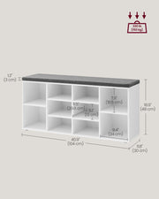Dimension diagram of the white bench marked 104 cm wide, 30 cm deep and 48 cm high