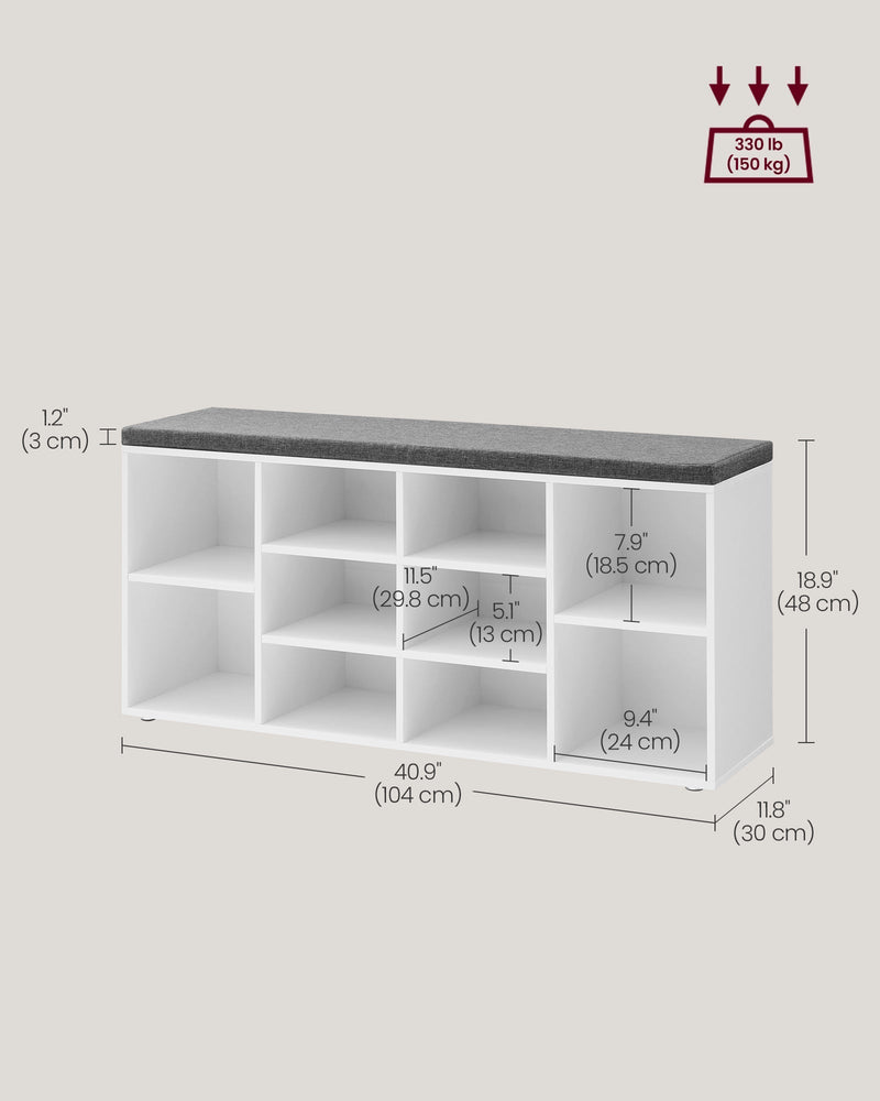 Dimension diagram of the white bench marked 104 cm wide, 30 cm deep and 48 cm high