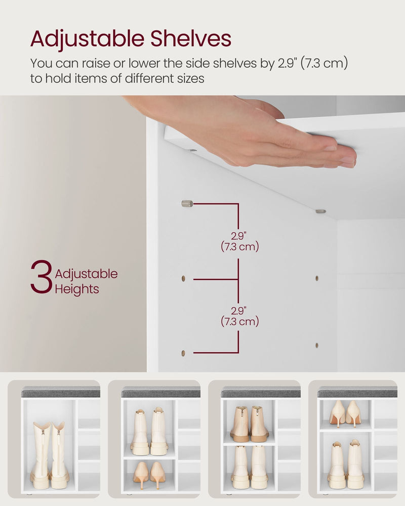 Feature panel explaining the side shelves can be raised or lowered by 7.3 cm