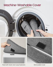 Feature panel showing the seat cushion cover unzips and is machine washable