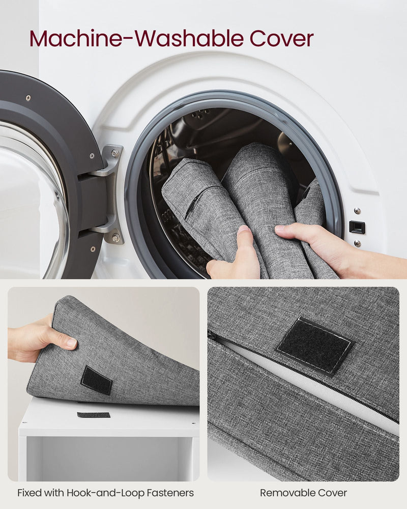 Feature panel showing the seat cushion cover unzips and is machine washable