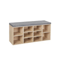 Natural wood Vasagle shoe storage bench with grey seat cushion and 10 open compartments