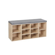 Natural wood Vasagle shoe storage bench with grey seat cushion and 10 open compartments