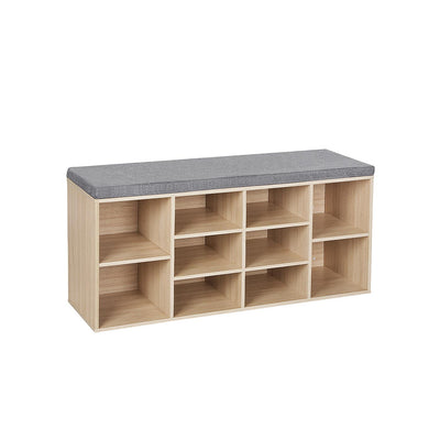 Natural wood Vasagle shoe storage bench with grey seat cushion and 10 open compartments