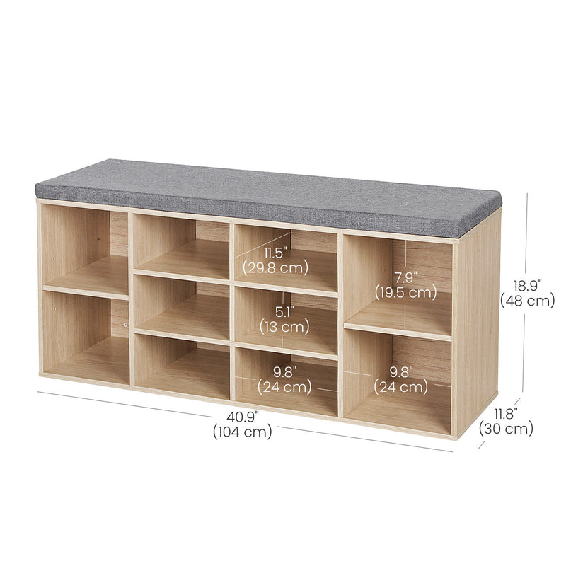 Dimension diagram of the shoe bench marked 104 cm wide, 30 cm deep and 48 cm high