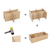 Assembly sequence showing the divider panels slotting together inside the bench frame