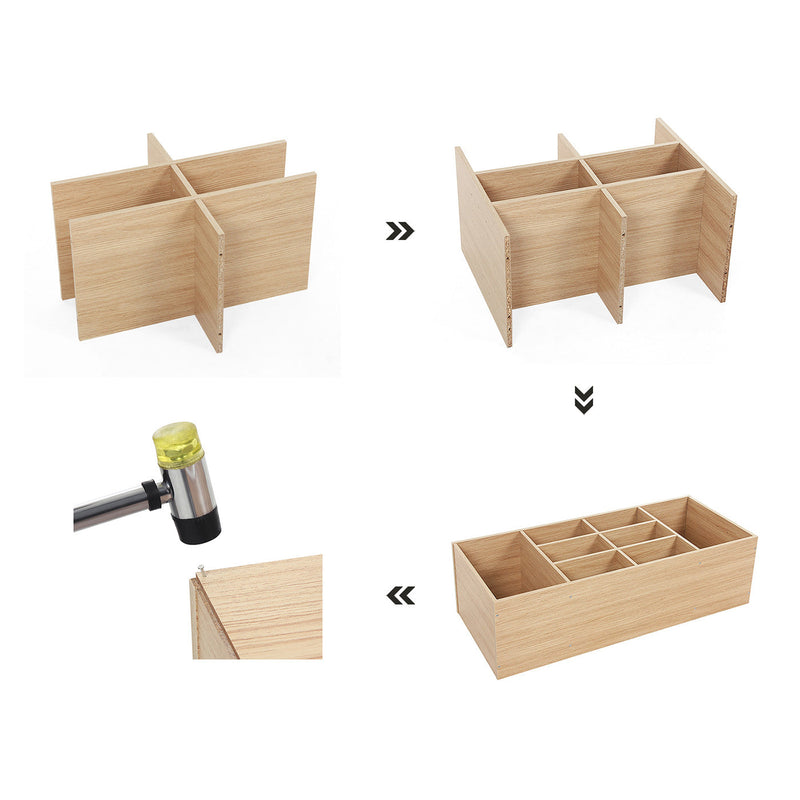 Assembly sequence showing the divider panels slotting together inside the bench frame
